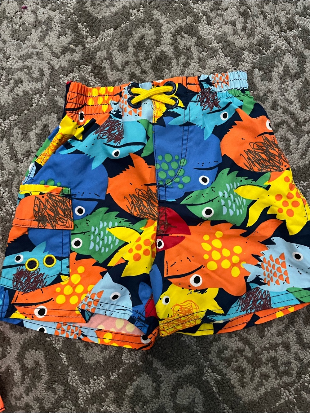 OshKosh B'gosh Multicolor Fish Print Swim Shorts with Yellow Drawstring